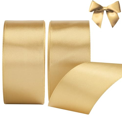 Nastro Raso Dorato 40mm, 44Metri di Nastro Decorativi in Tessuto per Confezioni Regalo, Artigianato, Fiocchi per Capelli, Bouquet da Sposa, Decorazioni Natalizie (22m/rotolo)