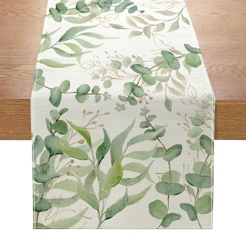 Dremisland Tischläufer Waschbare Tischdecke 32x180cm Grün Eukalyptus Frühling Tischläufer Leinen Grünpflanzen Tischdecke Salbeigrün Table Runner Tischset Küche Tisch Dekoration Hochzeit Geburtstag