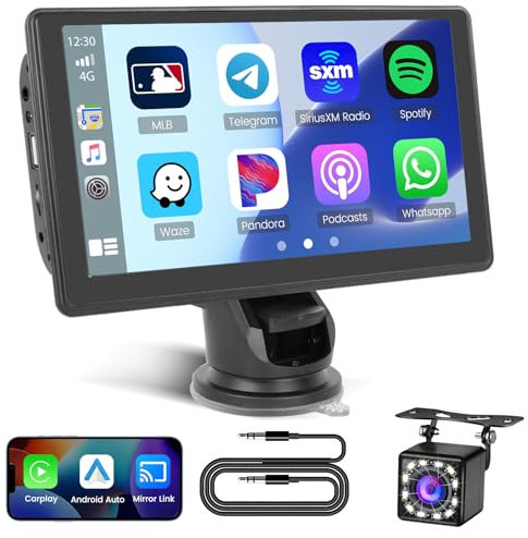 Portable Car Stereo Wireless Carplay Screen Android Auto Screen for Car, 7 Inch Touch Screen Portable CarPlay Screen with Bluetooth 5.1, AUX/USB, Live Navigation, Voice Control