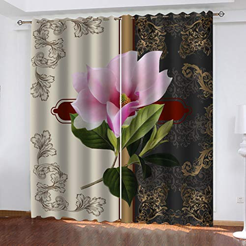 MAYNUO Blickdichte Vorhänge Mit Motiv 3D Rosa Blumen Kinder Gardinen Blickdicht Ösen Gardine Thermo 264x214 cm Schlafzimmer Kinderzimmer Vorhänge Dekoratives Muster, Verdunklungsvorhänge