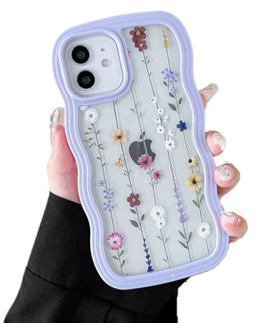 ZTOFERA Blommigt fodral för iPhone 11 6,1 tum, söt lockig våg ramform fodral med gren blommönster för kvinnor flickor, genomskinligt smalt stöttåligt telefonskydd för iPhone 11, lila