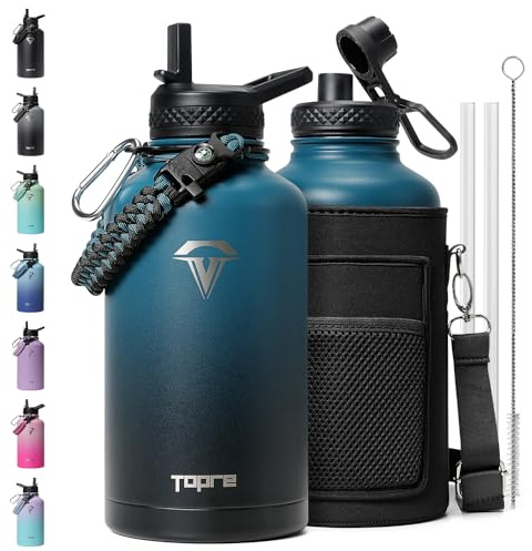 Topre 64 oz Insulated Water Bottle,Half Gallon Water Flask Stainless Steel Vacuum, Cold for 48 Hrs,BPA-Free & Leakproof -with Paracord Handle, Strap,Straw Spout Lids,Large Jug for Gym,Indigo Black