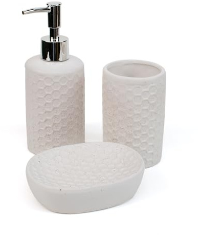 THE SECRET HOME - Set de Baño de 3 Piezas - Conjunto de Acessorios para Aseo de Diseño Moderno - Juego de Baño con Dispensador de Jabón, Vaso y Jabonera (Modelo 3 - Blanco)