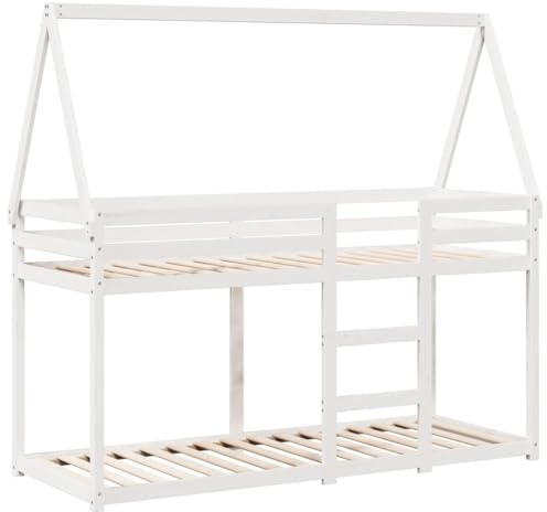 vidaXL Etagenbett, Hochbett mit Dach Leitplanken, Stockbett für Schlafzimmer, Bett Holzbett Einzelbett, Weiß 90x190cm Massivholz Kiefer