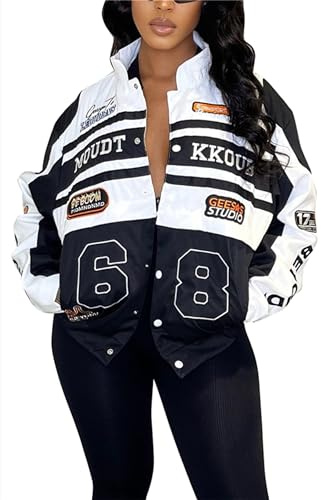 CALEBGAR Women Varsity Jacket Motorcycle Detachable Letter Graphic Racer Vintage Colorblock Baseball Coats Streetwear