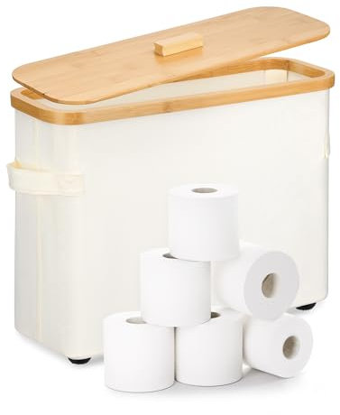 BS-VOG Toilettenpapier Aufbewahrung, 12-Rollen Klopapier Aufbewahrungskorb mit Deckel, Erhöhte Füße Holz Aufbewahrungsbox für Badezimmer Organizer, Beige