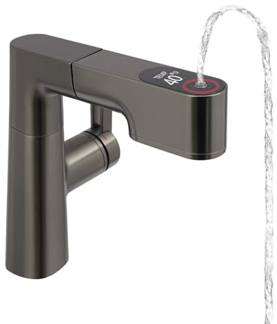 Waschbeckenarmatur Armatur Waschbecken, Waschtischarmatur mit Herausziehbarer Brause und LED-Bildschirm, Waschtischarmaturen mit 3 Funktionen für Aufsatzwaschbecken (Gunmetal Grau)