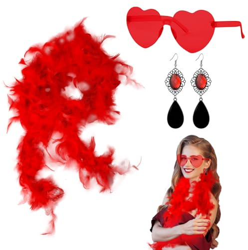 GWAWG Set di 3 boa di piume colorate da 2 m, con occhiali a forma di cuore e orecchini rossi, eleganti accessori per carnevale, feste, matrimoni, decorazioni natalizie, Rosso