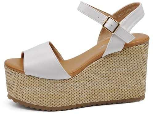 IF Scarpe Sandali Con Zeppa da Donna con Platform Corda Plateau in Paglia Cinturino alla Caviglia Comode Z7479-09 bianco N.36