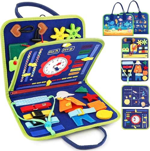 LATERN Giocattolo Montessori Busy Board per Bambini, 28CM x 21CM Tavola Sensoriale Educativa Per Attività Di Apprendimento Sviluppo Sensoriali Motorie Fini Per Bambino Regalo Aereo Auto Viaggio (Blu)