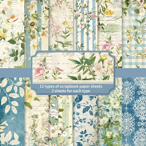 24 Sheets Flower Scrapbooking Paper,12 Style Pattern Scrapbook Cardstock Pads,Decoupage Paper Sheets Scrapbook Craft Papers for Scrapbook Supplies,Gift Wrapping,DIY Collage Decoration (Pattern-B)