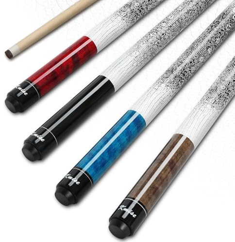 Kmise Pool Sticks Set of 4: 58'' Canadian Maple Low-Deflection Billiard Cue Stick W/ 13mm Leather Tip, 18-21oz Weights Complete Pool Sticks for Adults/Beginners/Pro Players, Wood Grain Butt, 3D Grip