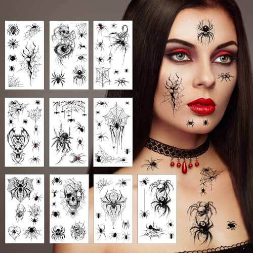 NebulaGlam Halloween Tattoos Spinnen Tattoo, 10 Blätter Gesicht Spinnentattoos, Spinnen Temporäre Tattoos für Karneval Halloweenr Masquerade Punk Party Makeup Gruselparty (C)