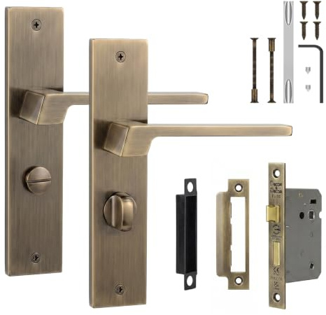 Decoranddecor Spectra Antique Brass Bathroom Door Handles with Lock Kit | Bathroom Lock & Thumb Turn Included, 64mm Fire Rated, Ready to Fit, Interior Door Handles, 200x45mm Plate