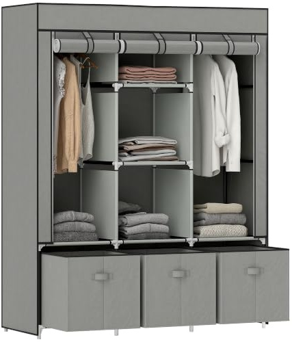 HOMCOM Kleiderschrank mit Kleiderstange 125 x 43 x 162,5 cm Hellgrau | Schubladen, Reißverschluss, Stoffschrank, Faltschrank, für Schlafzimmer, Ankleidezimmer
