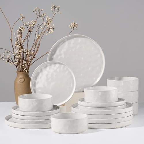 Joyfair Geschirrset 6 Personen, 18-tlg Steingut Geschirr Set, Reaktive Glasur Teller Set mit Speiseteller, Dessertteller und Müslischalen, Mikrowellen- & Spülmaschinenfest, Weiß Gesprenkelt