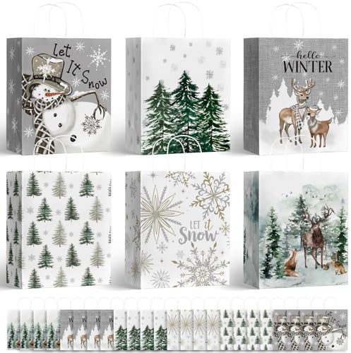 Horaldaily 24 Weihnachtsgeschenkpapiertüten Bulk mit Griffen Verpacken Weihnachtsbaum, schneeflöckchen, geschenk für den hirsch(24 große bilder)