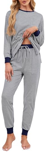 Namatime pyjamas dam lång bomull tvådelad pyjamas ränder nattkläder med fickor, Marinblå, L