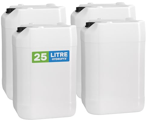 HYDROFYX 25L Empty Water & Liquid Storage Containers – Food-Safe HDPE Plastic Cans with Secure Screw Caps – Stackable Reusable Household Storage – 4 Pack