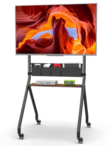 Rullande TV-stativ med förvaringsväskor anti-kollision estetisk design mobil TV-vagn för 32-75 tums LCD/LED/OLED platta/böjda skärmar håller upp till 100 lbs höjd justerbar med låsbara tysta hjul