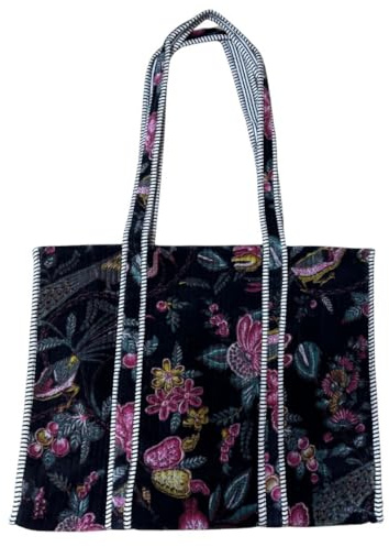 Earth Squared XL Printed Floral Velvet Tote Bag – 100% Cotton, Soft Large Shoulder Bag with Inner Pocket – Spacious Everyday Shopper, Floral Print Carryall – 45 × 38 × 14 cm (Black)