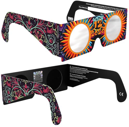 Absolute Eclipse Solförmörkelse 2026 barnglasögon för att se förmörkelsen - ISO 12312-2 CE certifierade godkända - 2-pack - Sunburst Design - Vuxna Barn - Erkänd europeisk AAS-tillverkare