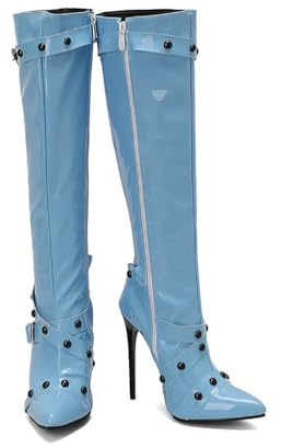 KUHAOFEU Stivali Alti da Donna con Punta a Punta, Cinturino con Fibbia, Tacco a Spillo, con Borchie, Stivali Lunghi Sexy da Abito con Cerniera,Blu,39 EU