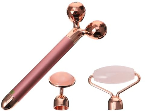 DEARMAMY Outils de Massage Facial 3-en- de Jade Naturel et Poudre de Cristal Rose, Masseur Visage Électrique pour Réduire Rides, Peau Éclatante, Batterie Aa Incluse