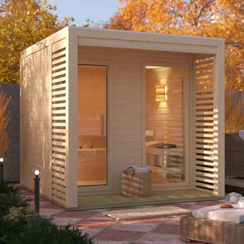 Karibu Sauna Extérieur Tonneau Angkor 2-5 Places | Bois d'Épicéa Nordique 38mm | Terrasse & Vitre Façade | Kit de Fondation Inclus | Dimensions 231x276cm