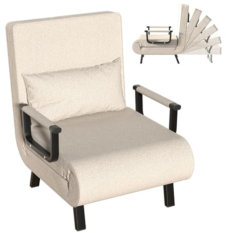 Schlafsessel 3-in-1, klappbares Schlafsofa mit Bettfunktion, 6-fach verstellbarer Rückenlehne, Metallrahmen & Leinen, Gästebett für Kleine Räume, Wohnzimmer, Office, Aufstellmaße:187 × 63 cm, Beige