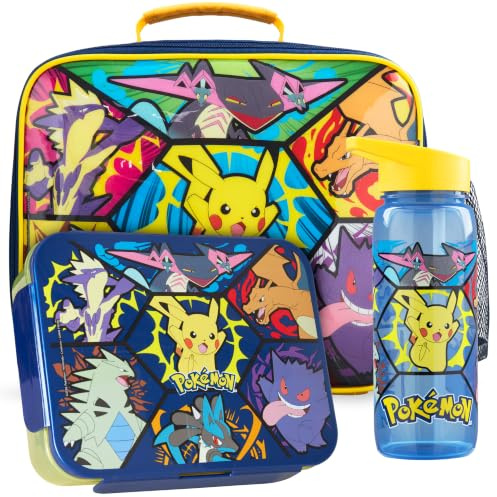 Get Trend Pokemon Bolsa Termica Infantil Aislante Set, 3 Piezas, Lunch Bag, Botella Agua 640 ml y Bento Box con Compartimentos, Sin BPA, Ligero y Resistente, para Colegio y Picnic (Multi Pokemon)