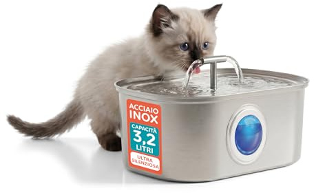 AqpetFriends Fontana per Gatti in Acciaio Inox 3.2L – Dispenser Acqua Automatico Ultra Silenzioso con Filtro Multistrato – Fontanella per Gatti e Cani, Acqua Sempre Pulita