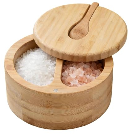 Salero para Cocina de Bambú, Salt Cellar Bowl Box con Tapa Giratoria Magnética y Cuchara, Caja de Especias para Hierbas Pimienta Azucarero y Condimentos Sólidos (2 Compartimentos)
