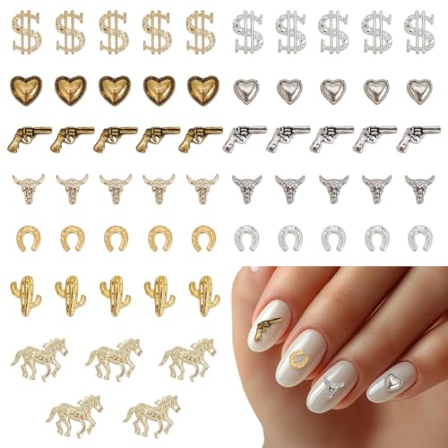 PLIGREAT 60 ciondoli per unghie western, cappello da cowboy, forniture per nail art, ciondoli a forma di testa di toro, in lega, adesivi per unghie con cavalli dorati, per la creazione di gioielli