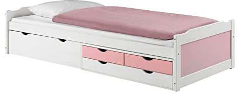 IDIMEX Bett mit Stauraum Andrea Weiss/rosa 90x200 cm (B x L) 4 Schubladen Kiefer massiv, Tagesbett Gästebett Jugendbett Kinderbett