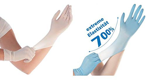 100 Stück Hygostar Nitrilhandschuhe Safe Super Stretch, weiß, Gr. 8/M | puderfrei, Packung, extrem dehnbar, Einweghandschuh, Einmalhandschuh super elastisch