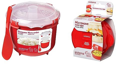 Sistema 1110ZS Microwave Rice Cooker | 2.6 L | Dishwasher Safe Small Rice Cooker | BPA-Free | Red/Clear & 1117ZS Microwave Egg Cooker Easy Eggs, 271 ml - Red