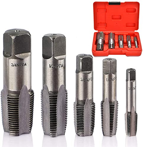 5 Piece NPT Thread Forming Taps, Pipe Taps Set, High-Speed Steel Drill Bits for Cleaning or Re-Thread Damaged or Jam Pipe Threads, Size 1/8, 1/4, 3/8, 1/2, 3/4 in Storage Box
