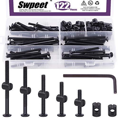 Swpeet 120 viti per culla, nero M6 × 40/50/60/70/80 mm testa esagonale tappo culla culla bullone e barilotto dadi con 1 x chiave a brugola perfetta per mobili, culle, viti 15/20/25/30/35