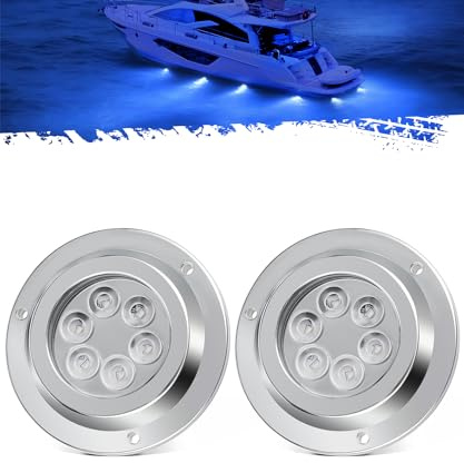 Partsam 2Pcs Blue 6LED Round Underwater Boat Lights, Transom Light for Yachts Boats Sailboat Pontoon, IP68 Waterproof, Stainless Steel housing, Surface Mount, 12V