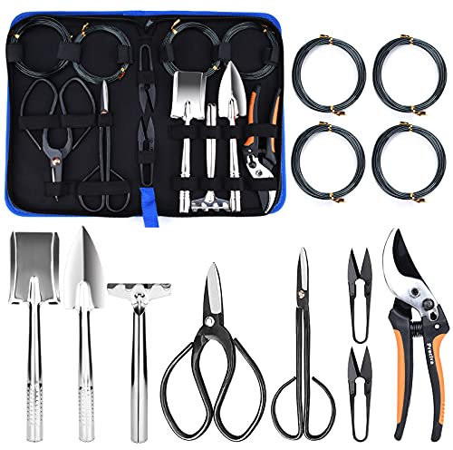 Preciva Bonsai Werkzeug, Gartengeräte Set 12 in 1 inkl. Gartenschere Set Mini Schaufel Harke Set Bonsai Trainingsdraht für Bonsai Gartenarbeit Bonsai Starter Werkzeuge Set