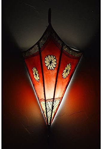 Wall Sconce Light Fixture Decorative Henna Goat Skin Handmade Beige/Red