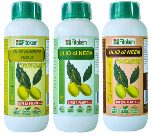 Fitokem | Olio di Neem Biologico 1L + Olio di Neem Gold Biologico Protezione 1L + Olio di Neem Nutrizione Biologico 1L | Tris