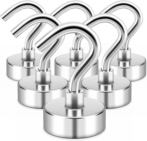 Magnethaken, 6 Stück Silber 10 kg+ Neodym Magnet Haken für Grill, Starke Magnete Haken für Gadgets