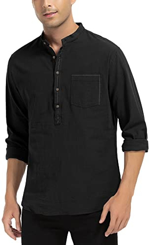 WAZZAP Chemise Homme Coton et Lin Manches Longues Henley Shirt Col Tunisien Boutons Casual Plage