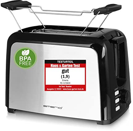 Emerio Toaster 2 extra Breiten Toastschlitzen Zentrierfunktion,herausnehmbare Krümelschublade,Abbruch/Auftauen/Wiedererwärmen,7 einstellbare Bräunungsstufen,Brötchenaufsatz,750W,TO-123924,Schwarz