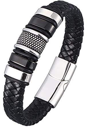 KnSam Herren Lederarmband, PU Leder Bettelarmband Junge Gewebt Pärchen Armbänder Edelstahl Handhandgelenk Kette Silber Schwarz mit Magnet Verschluss, Länge 16.5CM BFF Geschenke
