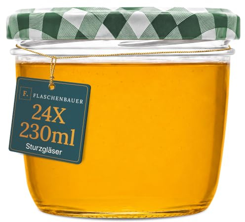 Flaschenbauer - Einmachgläser 230ml 24er Set - Marmeladengläser mit farbigen Deckel, Schraubgläser, Joghurtgläser, Sturzgläser zur Aufbewahrung, mit Twist-Off-Deckel - Made in Germany (Grün-kariert)