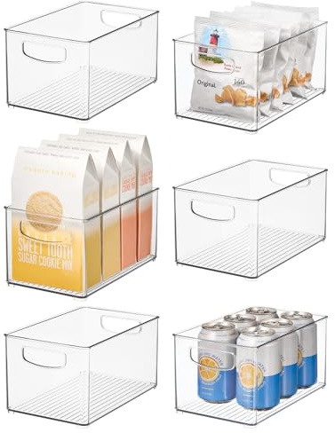iDesign 6-Piece Recycled Plastic Pantry and Kitchen Storage, Freezer and Fridge Organiser Bins with Easy Grip Handles - 6 Pack, Clear
