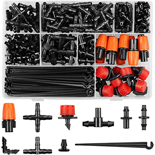 JOYPRO Drip Irrigation Fittings Kit for 1/4 Inch Tubing, 240 Pcs 1/4 Drip Line Barbed Connectors for Drip Systems - Nozzles,Micro Drips,Single Barbs,Tees,Couplings,Cross,End Plugs,Elbows,Hose Stakes
